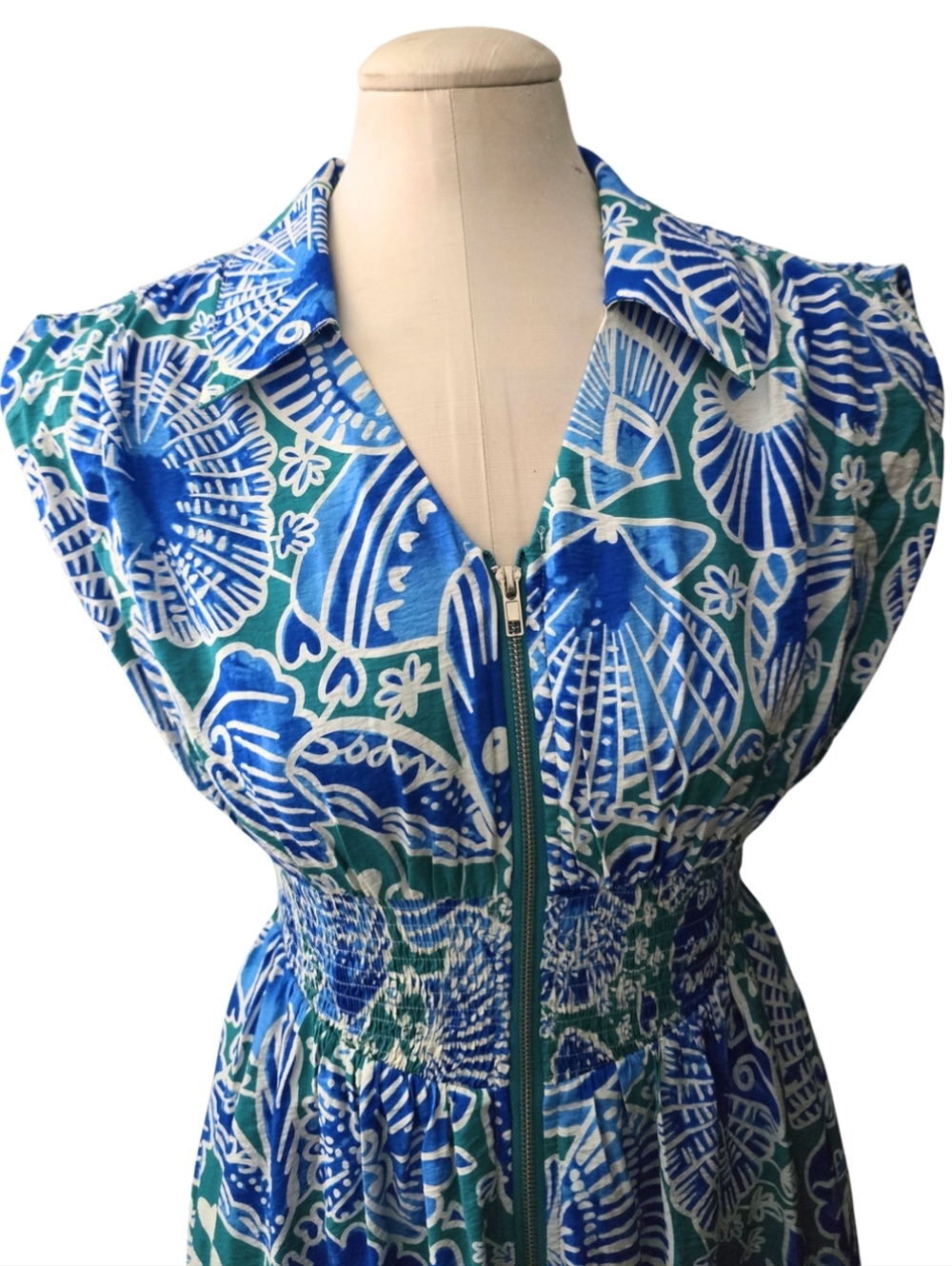 Umgee Blue Seashell Print Dress Coastal Beach Smocked Waist Zip Front Small Midi - Picture 2 of 6